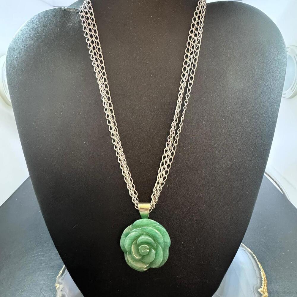 Carolyn Pollack Sterling Carved Green Aventurine Rose Pendant W/Chain Necklace